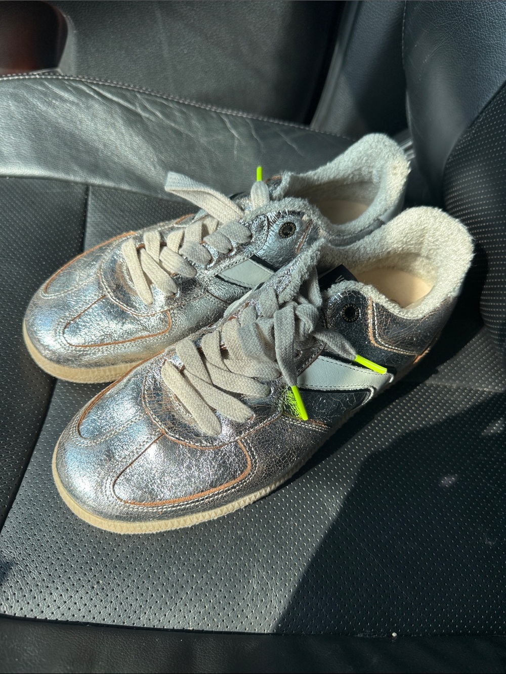 Women’s Metallic Silver Casual Sneakers with Neon Green Accent